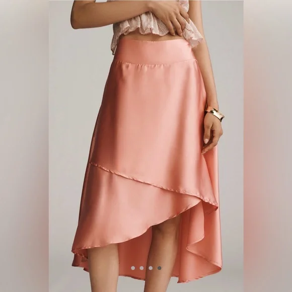 Anthropologie Silky Tiered Midi Asymmetrical Peach “Rosette” Skirt - Picture 2 of 4